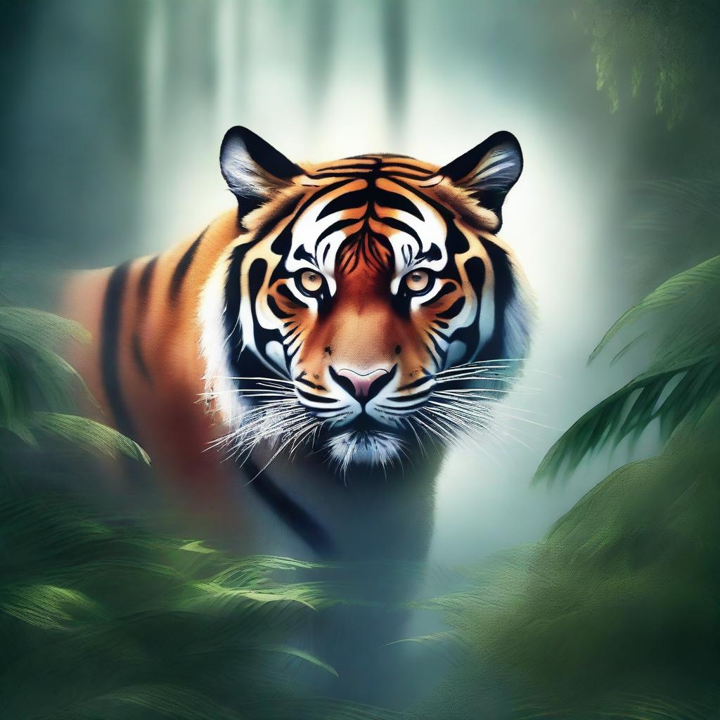 Create an artwork of a fierce tiger emerging from a misty jungle, with its stripes glowing in the moonlight