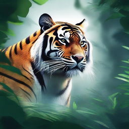 Create an artwork of a fierce tiger emerging from a misty jungle, with its stripes glowing in the moonlight