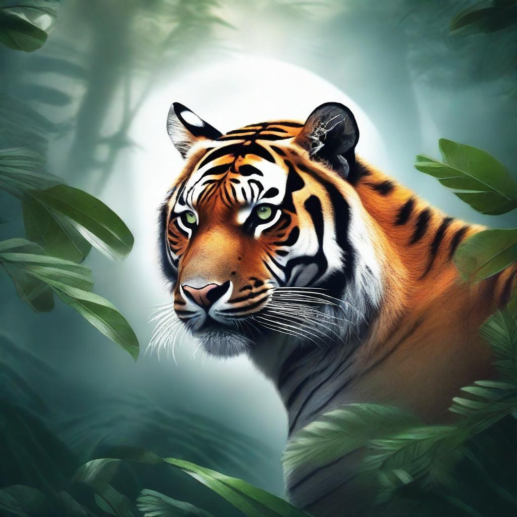 Create an artwork of a fierce tiger emerging from a misty jungle, with its stripes glowing in the moonlight