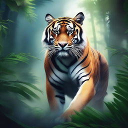 Create an artwork of a fierce tiger emerging from a misty jungle, with its stripes glowing in the moonlight