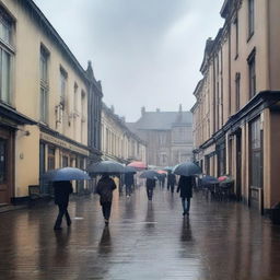 A peaceful scene of a rainy day in a small town