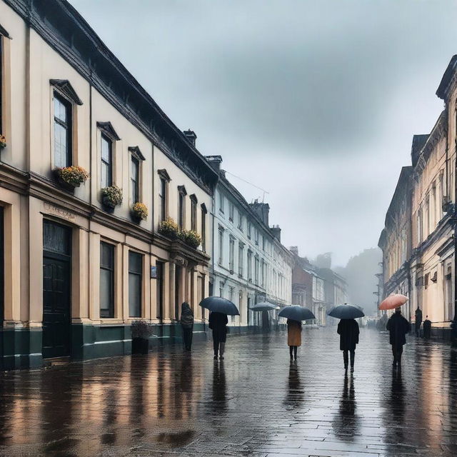 A peaceful scene of a rainy day in a small town