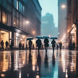 A serene urban scene on a rainy day, with people walking under umbrellas, rain puddles reflecting city lights, and a gentle drizzle creating a calm and peaceful atmosphere