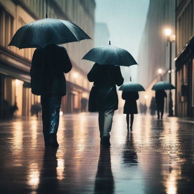 A serene urban scene on a rainy day, with people walking under umbrellas, rain puddles reflecting city lights, and a gentle drizzle creating a calm and peaceful atmosphere