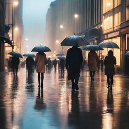 A serene urban scene on a rainy day, with people walking under umbrellas, rain puddles reflecting city lights, and a gentle drizzle creating a calm and peaceful atmosphere