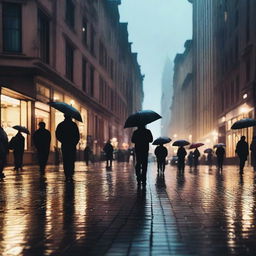 A serene urban scene on a rainy day, with people walking under umbrellas, rain puddles reflecting city lights, and a gentle drizzle creating a calm and peaceful atmosphere