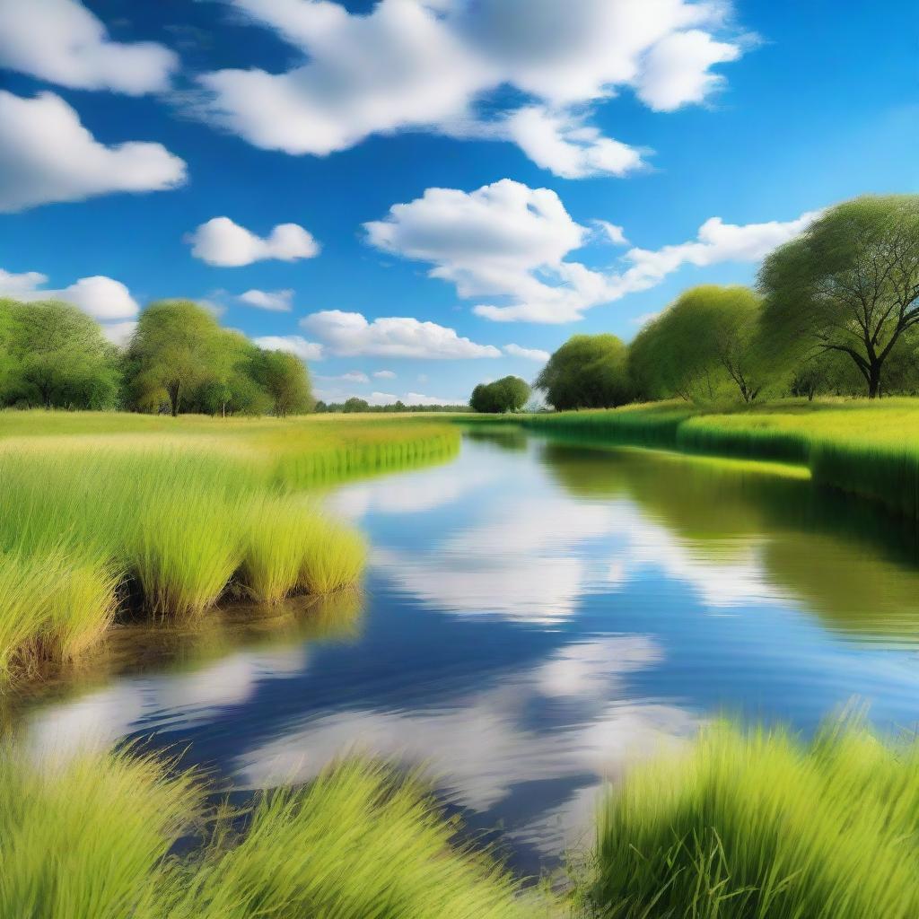 A serene and tranquil scene featuring a peaceful landscape with a calm river flowing through a lush green meadow, under a clear blue sky with soft, fluffy clouds