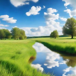 A serene and tranquil scene featuring a peaceful landscape with a calm river flowing through a lush green meadow, under a clear blue sky with soft, fluffy clouds