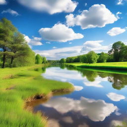 A serene and tranquil scene featuring a peaceful landscape with a calm river flowing through a lush green meadow, under a clear blue sky with soft, fluffy clouds