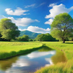 A serene and tranquil scene featuring a peaceful landscape with a calm river flowing through a lush green meadow, under a clear blue sky with soft, fluffy clouds