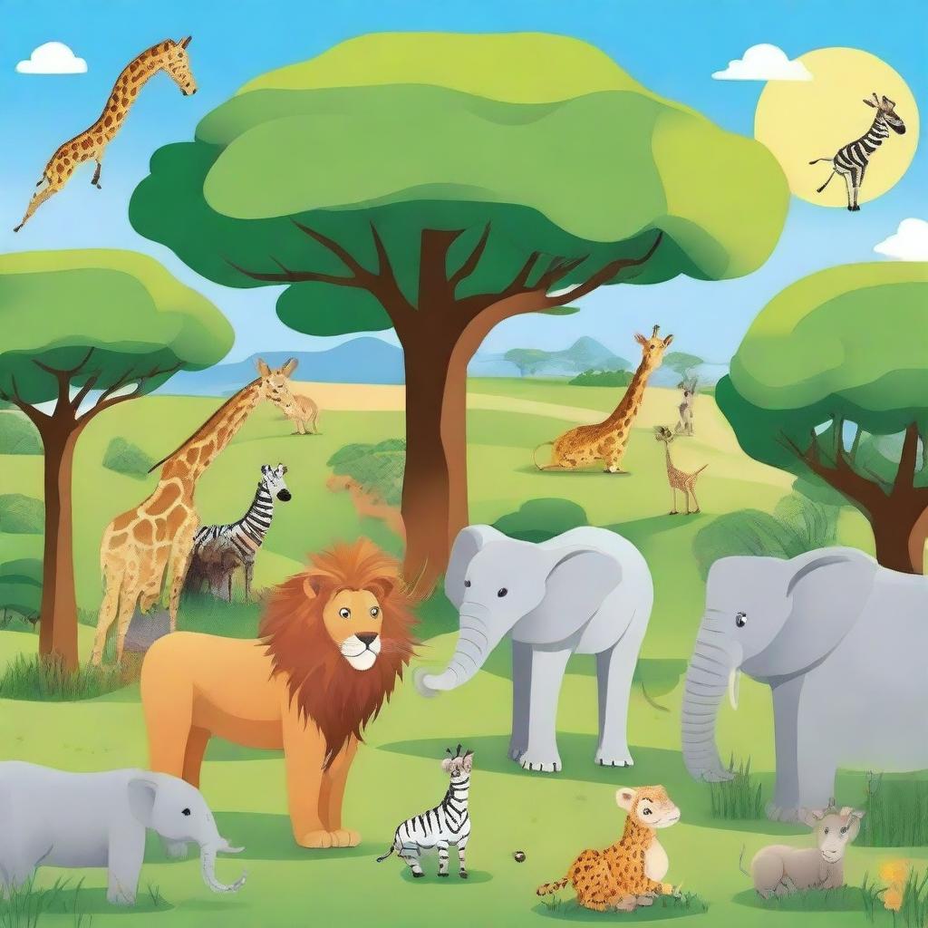 A vibrant and diverse group of animals in their natural habitats, including a lion, an elephant, a giraffe, a zebra, and a monkey