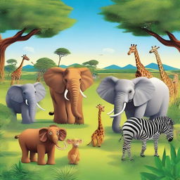 A vibrant and diverse group of animals in their natural habitats, including a lion, an elephant, a giraffe, a zebra, and a monkey