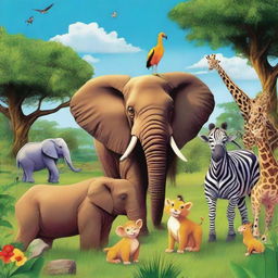 A vibrant and diverse group of animals in their natural habitats, including a lion, an elephant, a giraffe, a zebra, and a monkey