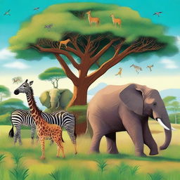 A vibrant and diverse group of animals in their natural habitats, including a lion, an elephant, a giraffe, a zebra, and a monkey