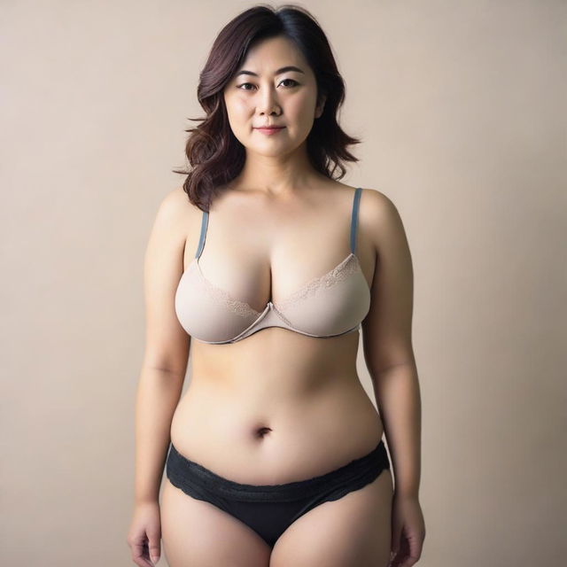 A full-body portrait of a Japanese woman wearing a bra, highlighting her voluptuous figure