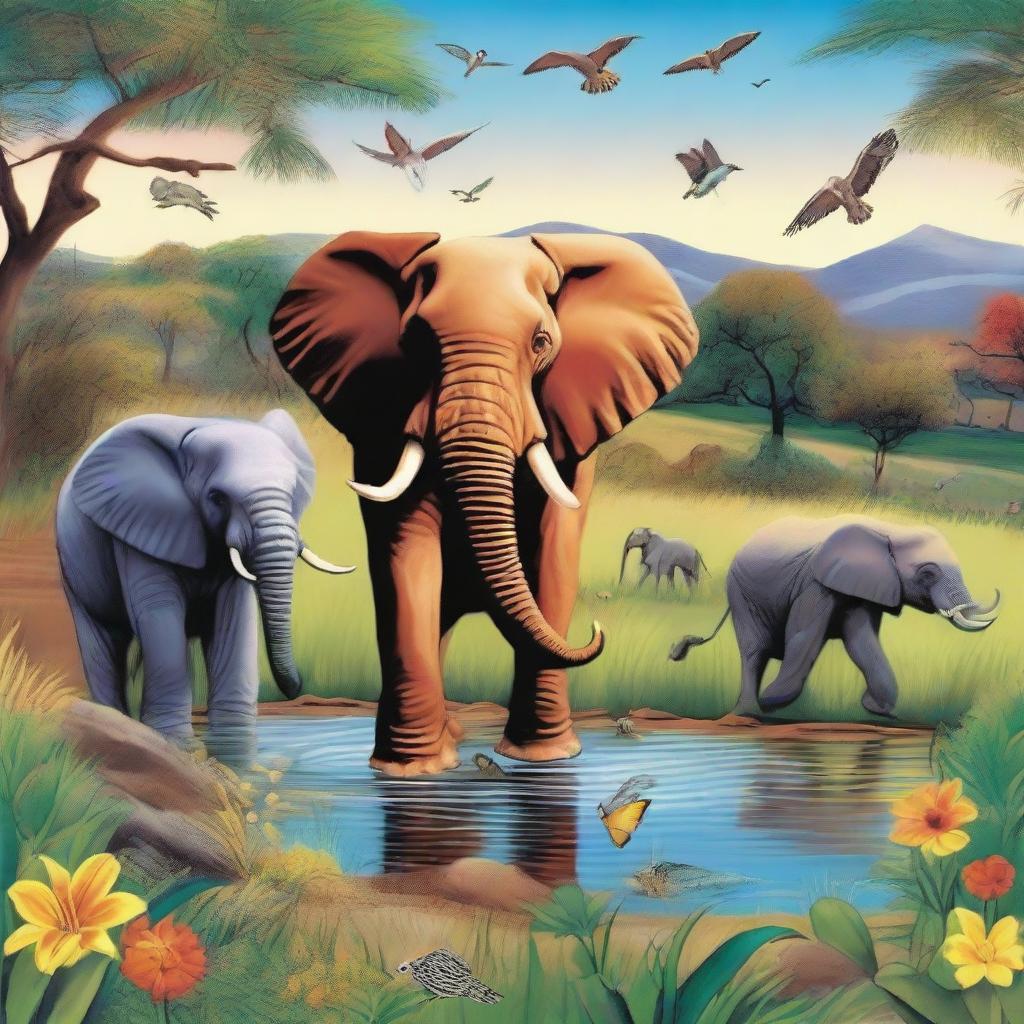 Create a detailed and vibrant image featuring a variety of animals in their natural habitats