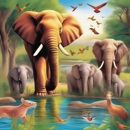 Create a detailed and vibrant image featuring a variety of animals in their natural habitats