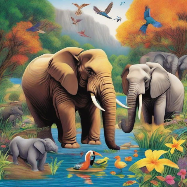 Create a detailed and vibrant image featuring a variety of animals in their natural habitats