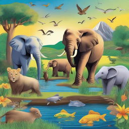 Create a detailed and vibrant image featuring a variety of animals in their natural habitats