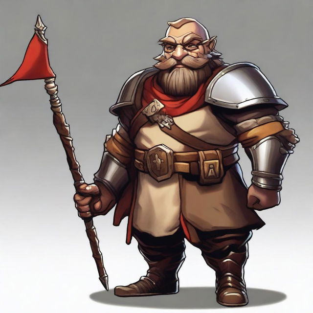 A suspicious-looking dwarf with light brown skin, wearing glasses