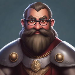 A suspicious-looking dwarf with light brown skin, wearing glasses