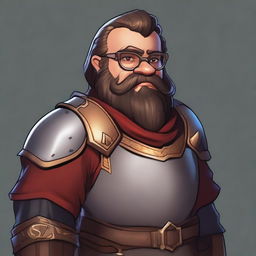 A suspicious-looking dwarf with light brown skin, wearing glasses