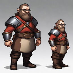 A suspicious-looking dwarf with light brown skin, wearing glasses