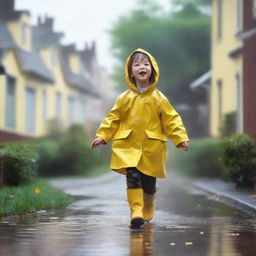 A nostalgic scene of a child playing in the rain, wearing a yellow raincoat and boots