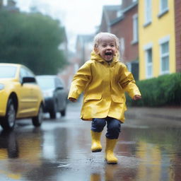 A nostalgic scene of a child playing in the rain, wearing a yellow raincoat and boots