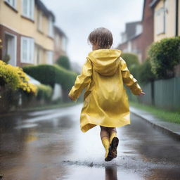 A nostalgic scene of a child playing in the rain, wearing a yellow raincoat and boots