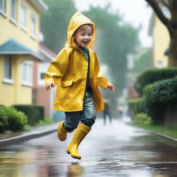 A nostalgic scene of a child playing in the rain, wearing a yellow raincoat and boots