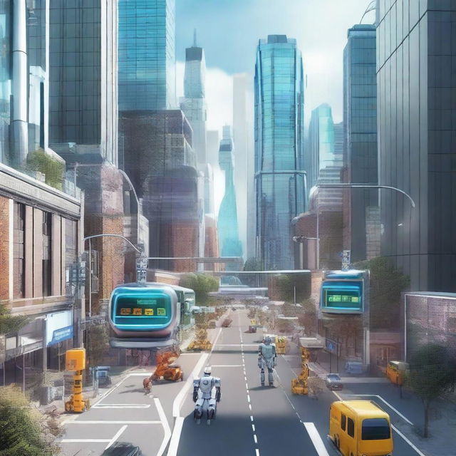 Create a futuristic scene featuring a variety of robots in a high-tech city