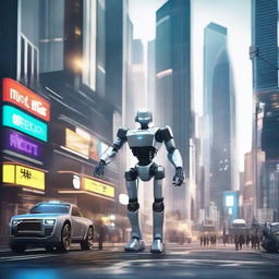 Create a futuristic scene featuring a variety of robots in a high-tech city