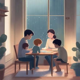 A cozy indoor scene showing a family engaging in various rainy day activities