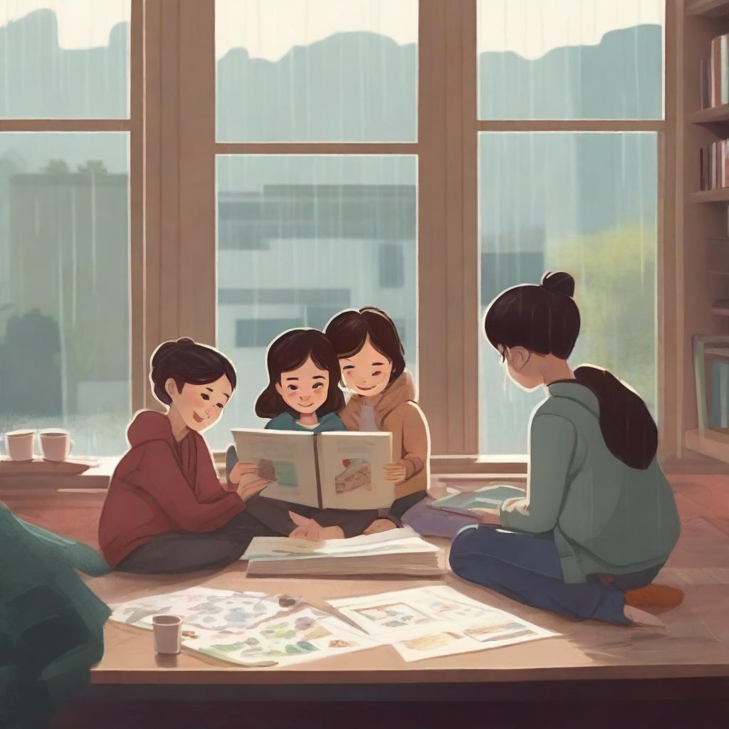 A cozy indoor scene showing a family engaging in various rainy day activities