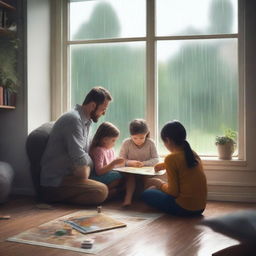 A cozy indoor scene showing a family engaging in various rainy day activities