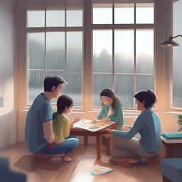 A cozy indoor scene showing a family engaging in various rainy day activities