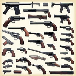 A detailed illustration of various types of guns, including handguns, rifles, and shotguns, displayed on a table