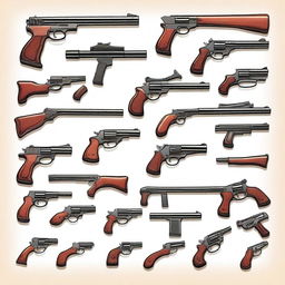 A detailed illustration of various types of guns, including handguns, rifles, and shotguns, displayed on a table