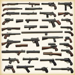 A detailed illustration of various types of guns, including handguns, rifles, and shotguns, displayed on a table