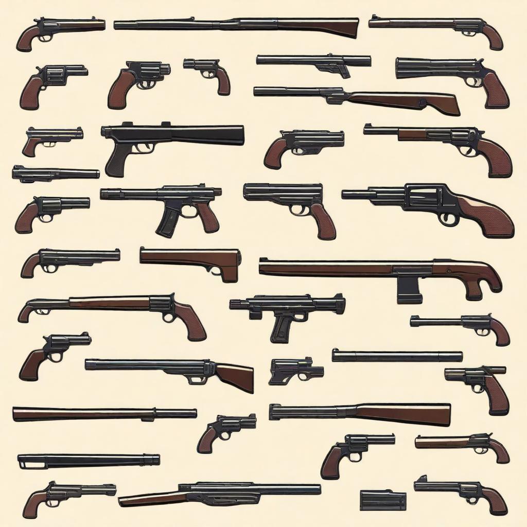 A detailed illustration of various types of guns, including handguns, rifles, and shotguns, displayed on a table