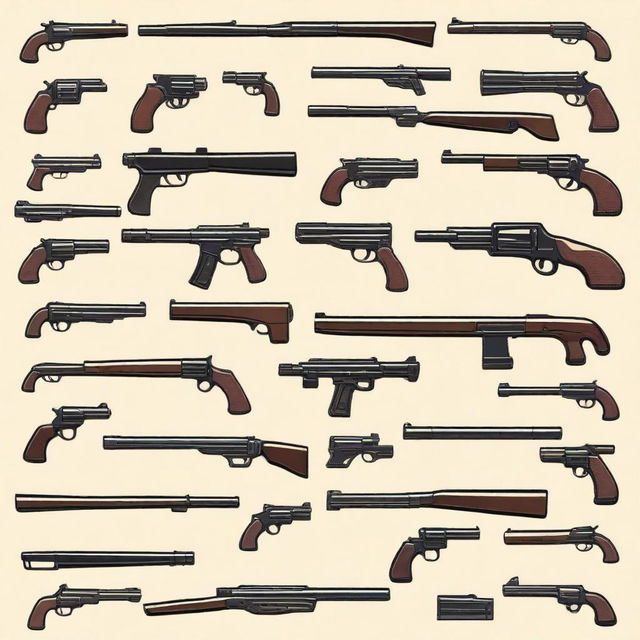 A detailed illustration of various types of guns, including handguns, rifles, and shotguns, displayed on a table