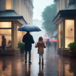 An enchanting scene of a rainy day where people are finding joy and comfort