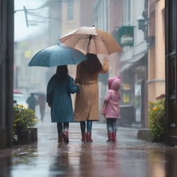 An enchanting scene of a rainy day where people are finding joy and comfort