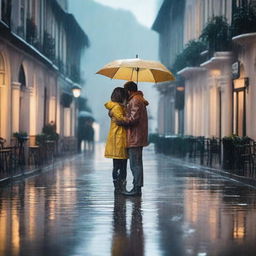 An enchanting scene of a rainy day where people are finding joy and comfort