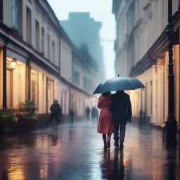 An enchanting scene of a rainy day where people are finding joy and comfort