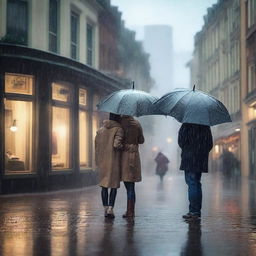 An enchanting scene of a rainy day where people are finding joy and comfort