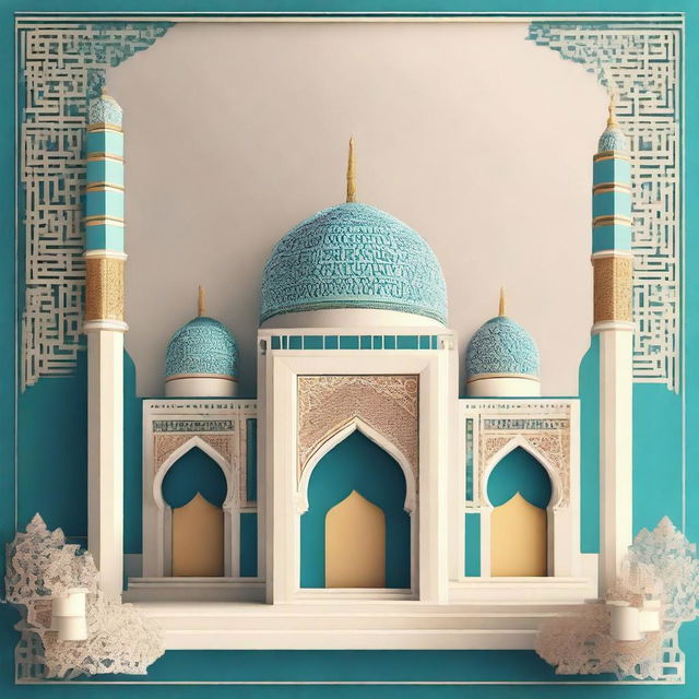 Create an image that showcases Islamic architecture with intricate geometric patterns and calligraphy