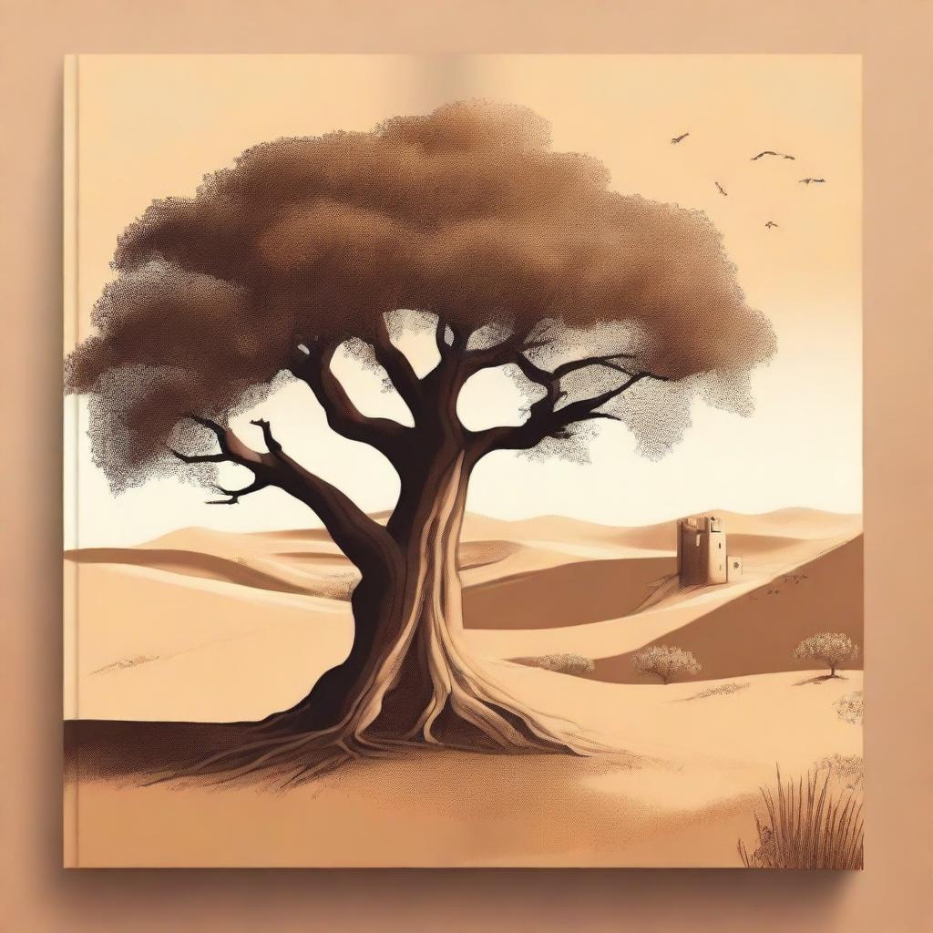 Create a book cover illustration featuring an oak tree standing prominently in the center