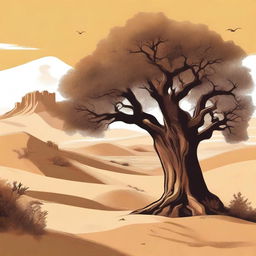 Create a book cover illustration featuring an oak tree standing prominently in the center